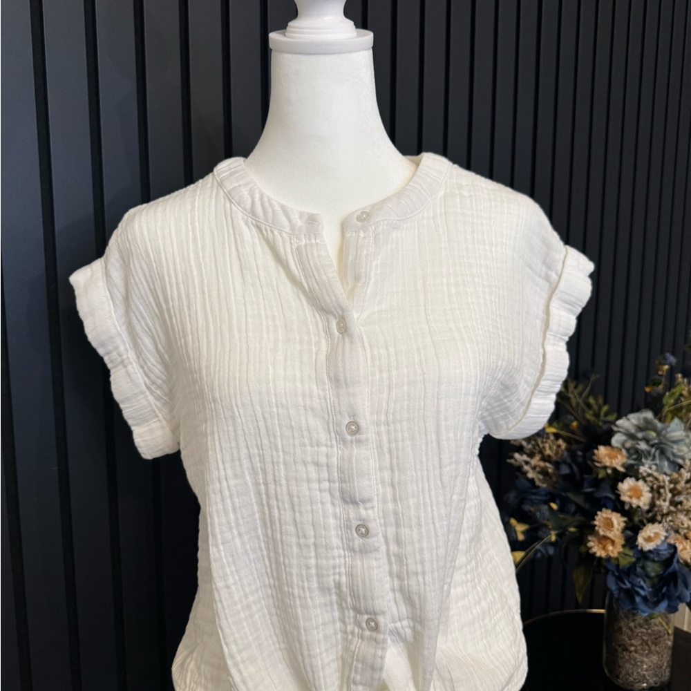 LOFT-White Gauze Button-Down tie blouse